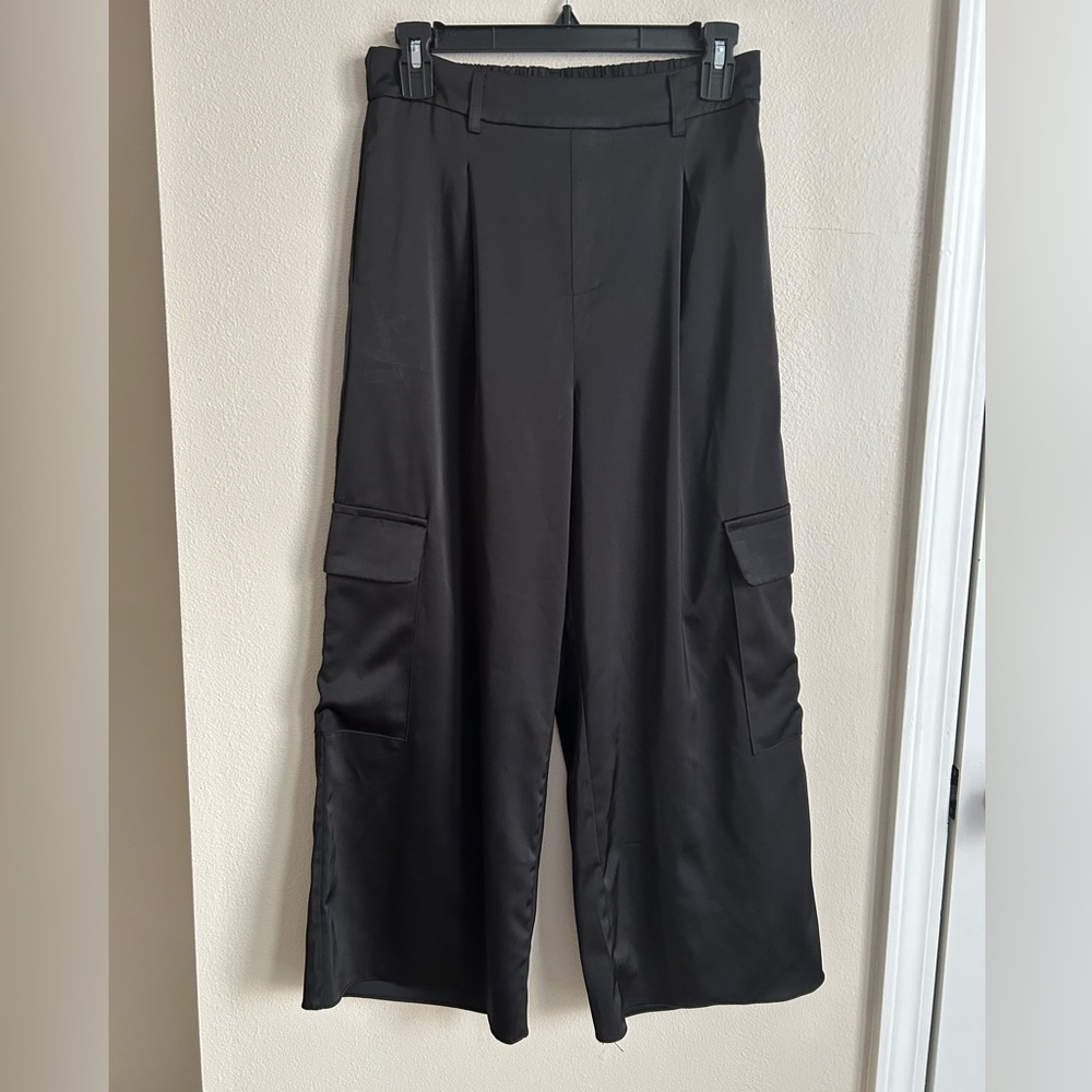 Sans Souci Womens High Waist Wide Leg Crop Cargo Pants Black Size S Small